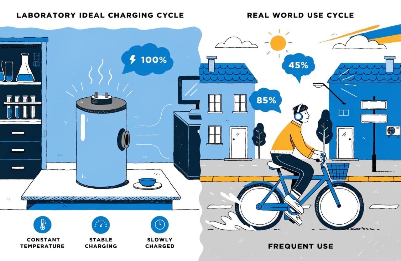 An infographic showing the difference between a lab cycle and a real-world usage cycle.