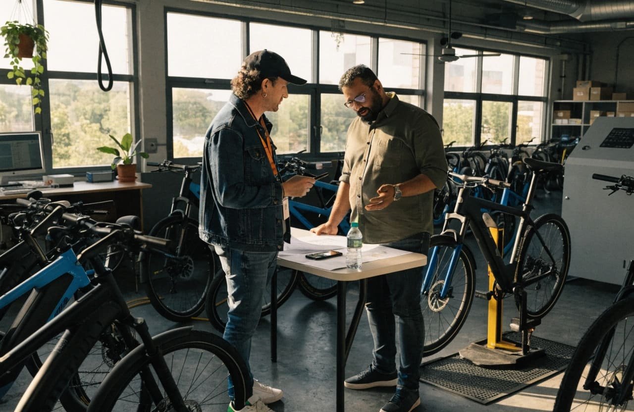 A buyer inspecting an e-bike with a supplier in a factory setting