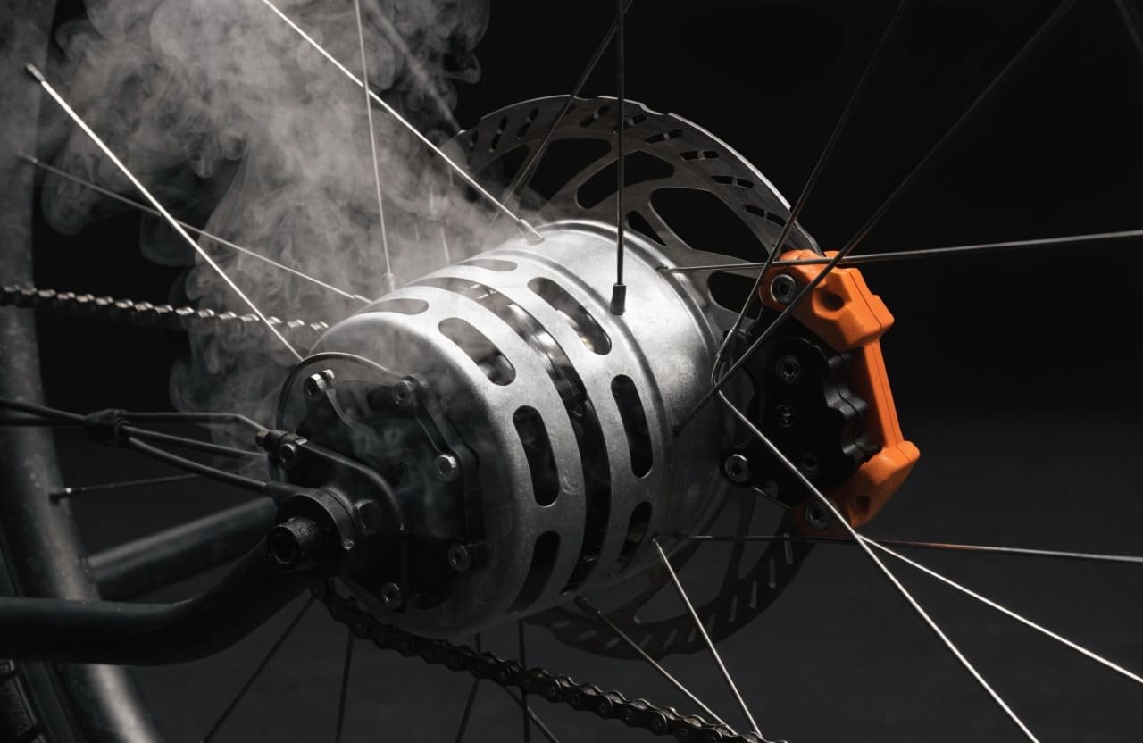 Close-up of an e-bike motor and brake system under strain