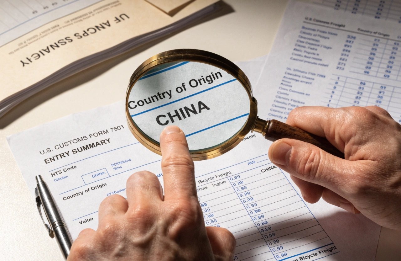 A magnifying glass over a customs document