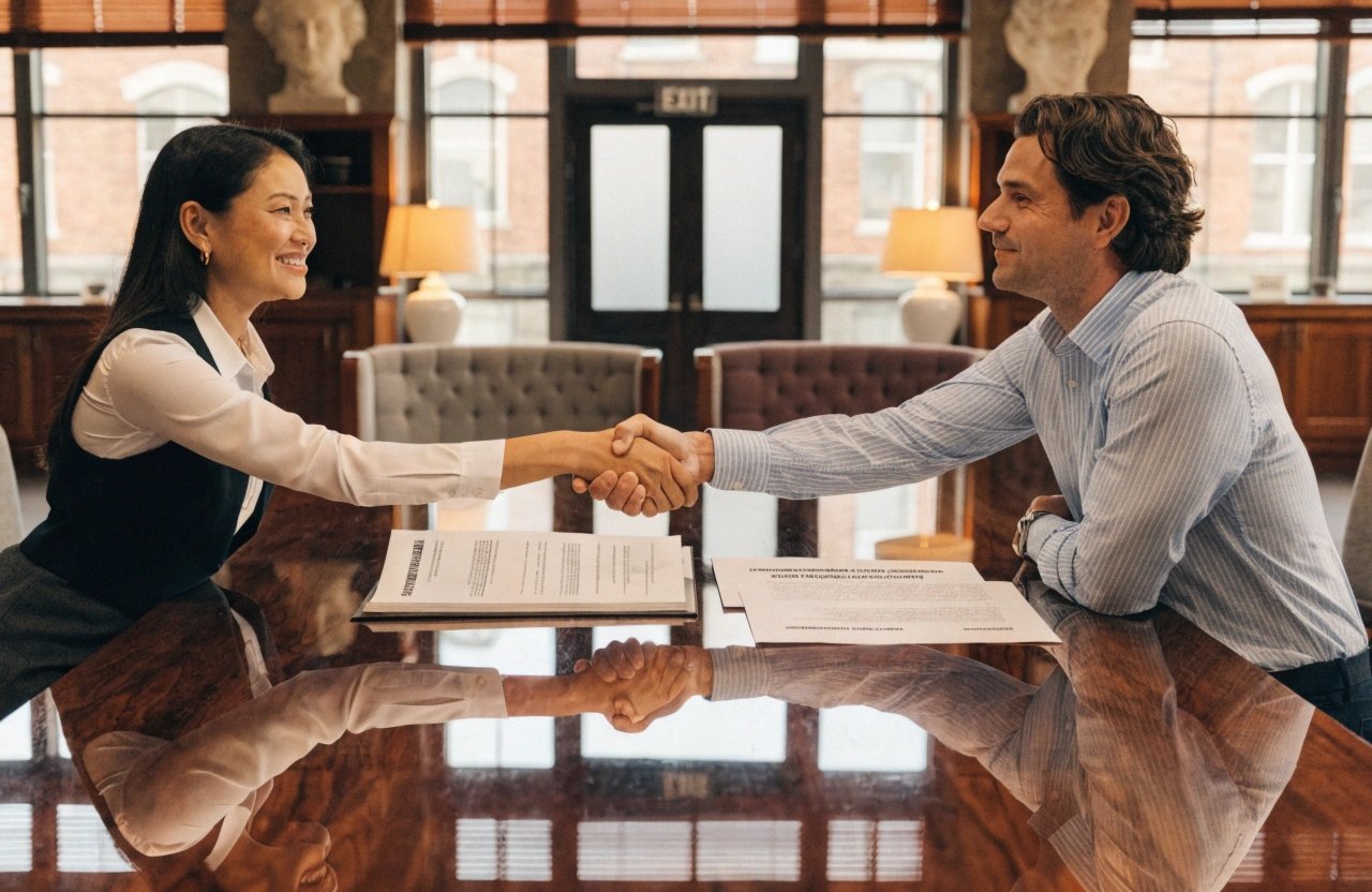 Two people shaking hands over a contract