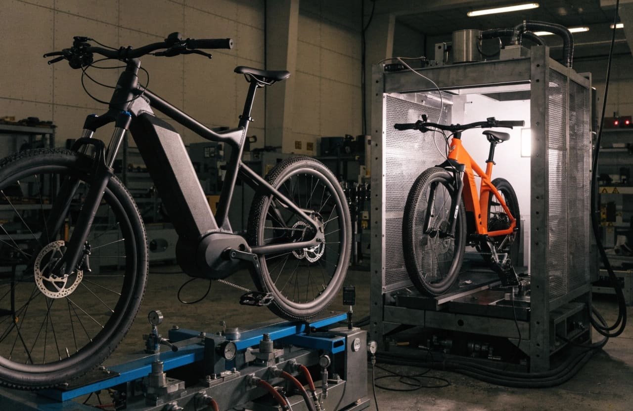 Two different e-bikes in a testing lab with sensors on them