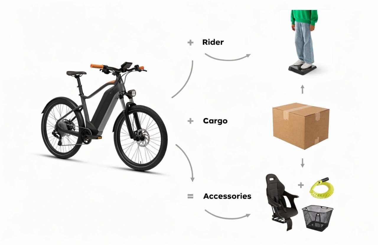 Diagram showing rider, cargo, and accessories adding up to total e-bike payload