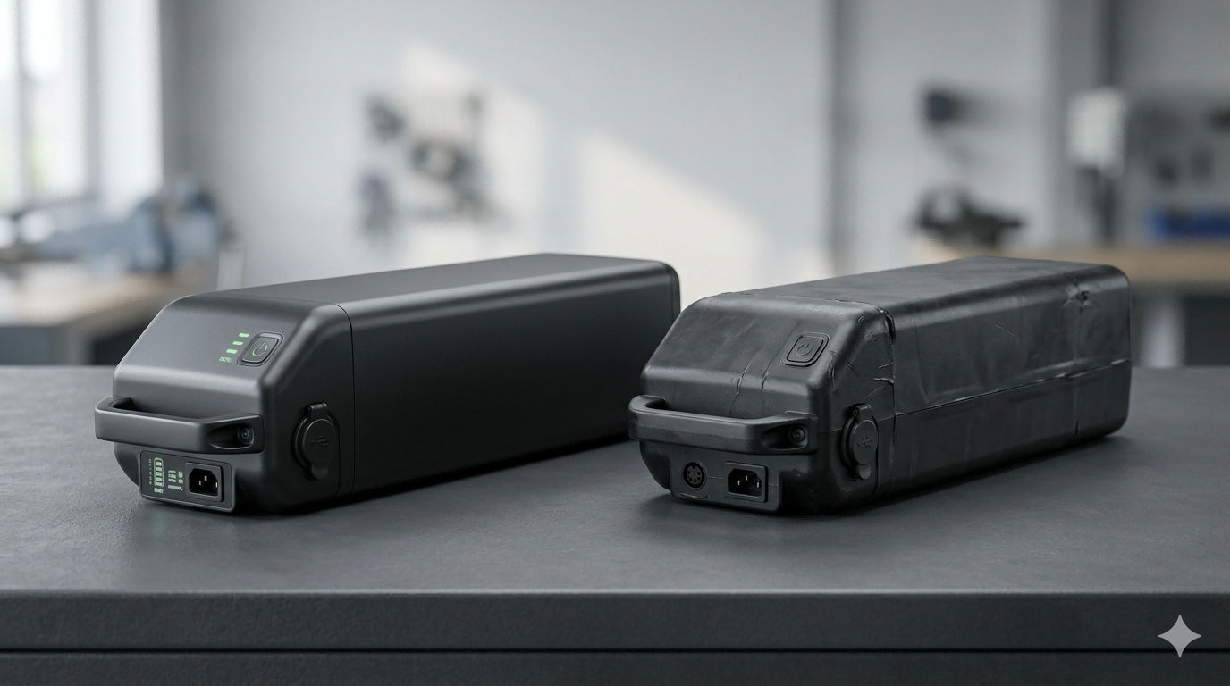 Two identical-looking battery packs, one with a premium brand logo and one generic.