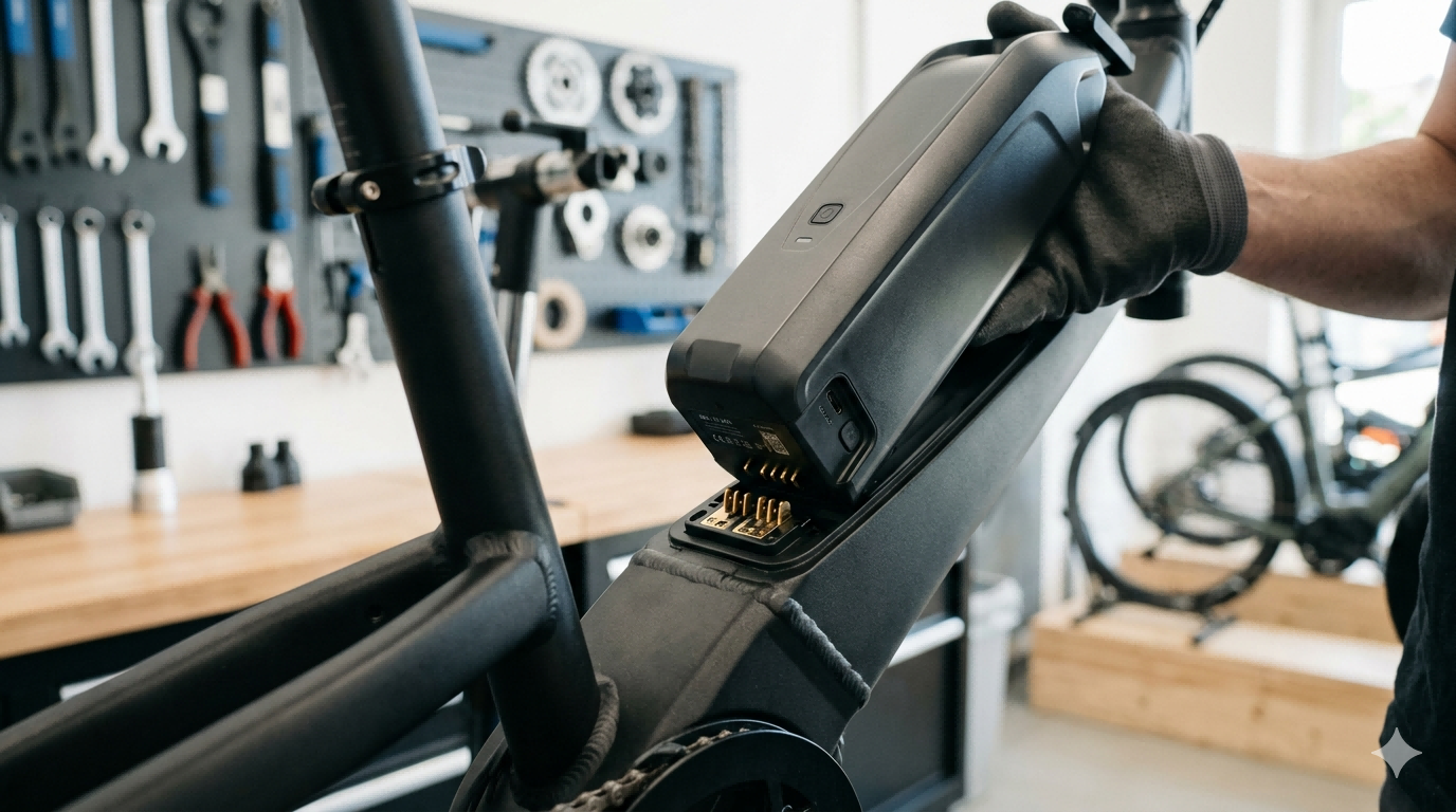 A close-up of an e-bike battery being connected to a bike frame.