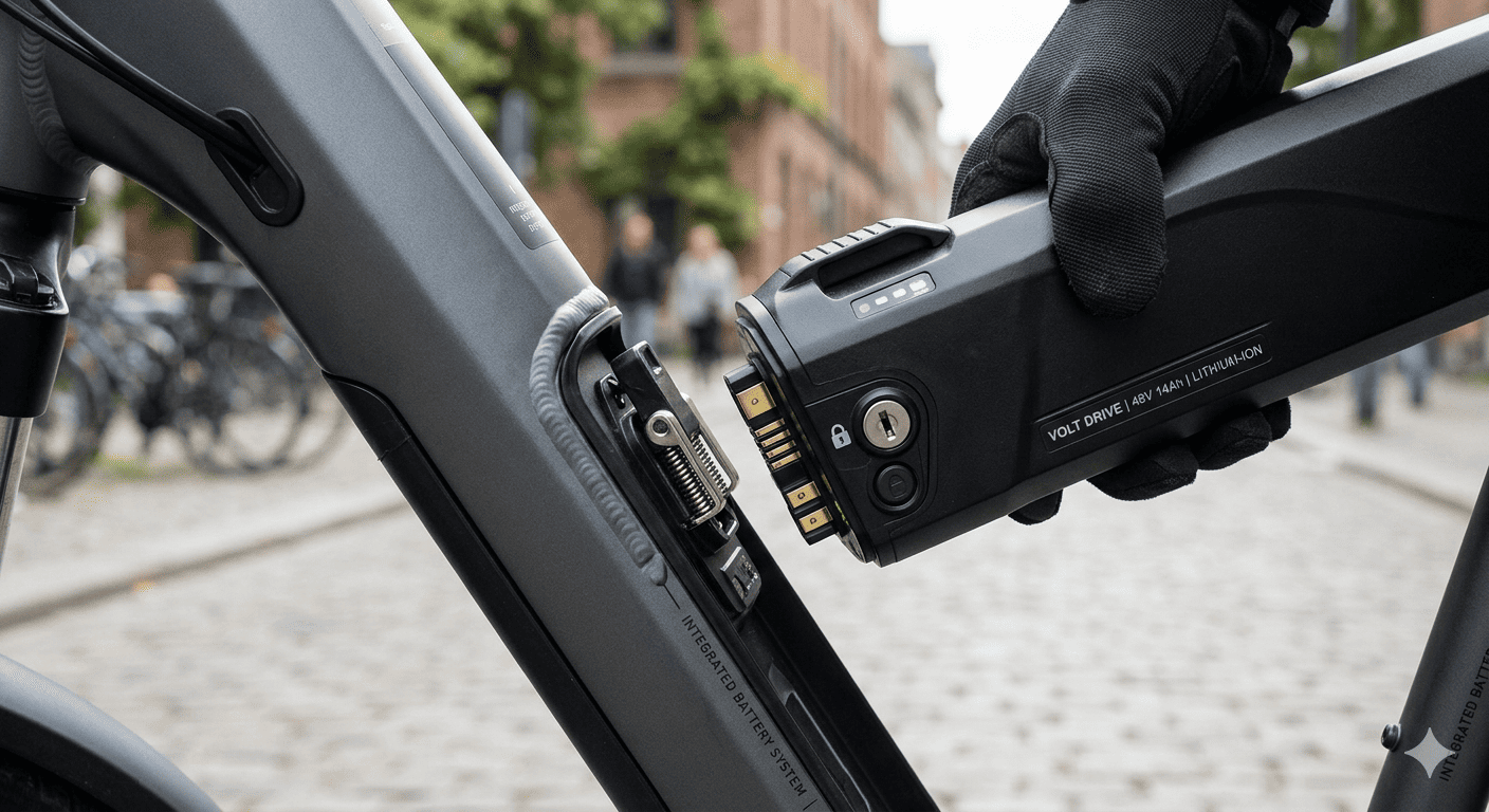 An e-bike battery being connected to a bike frame, symbolizing power and range