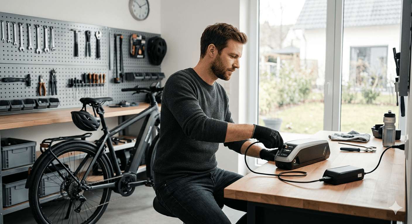 A person unplugging their e-bike charger in a garage.