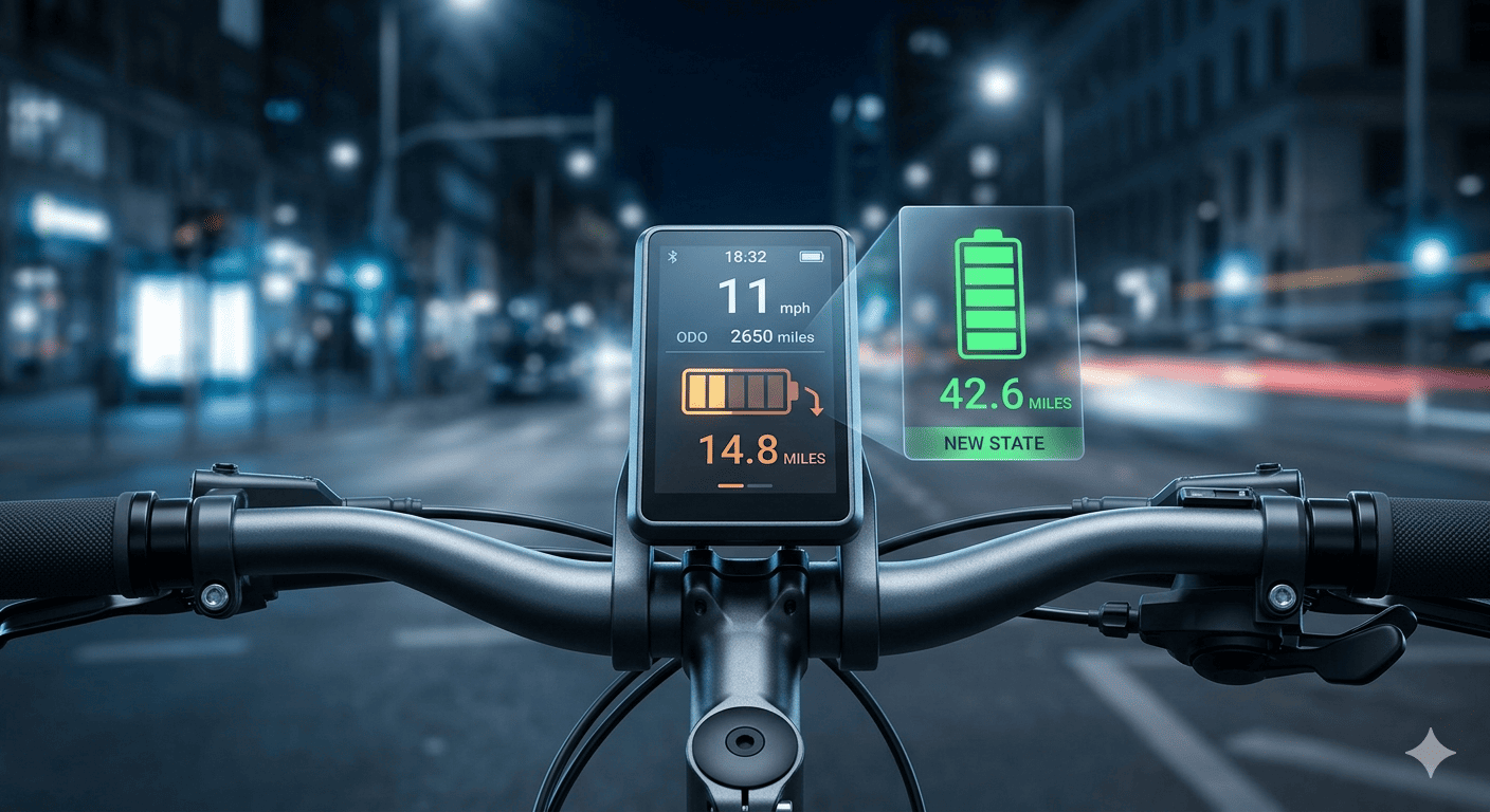 An e-bike range indicator showing a lower-than-new maximum range.