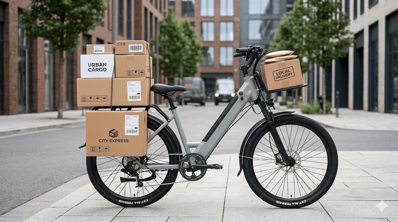 A longtail cargo e-bike with packages loaded on its rear rack