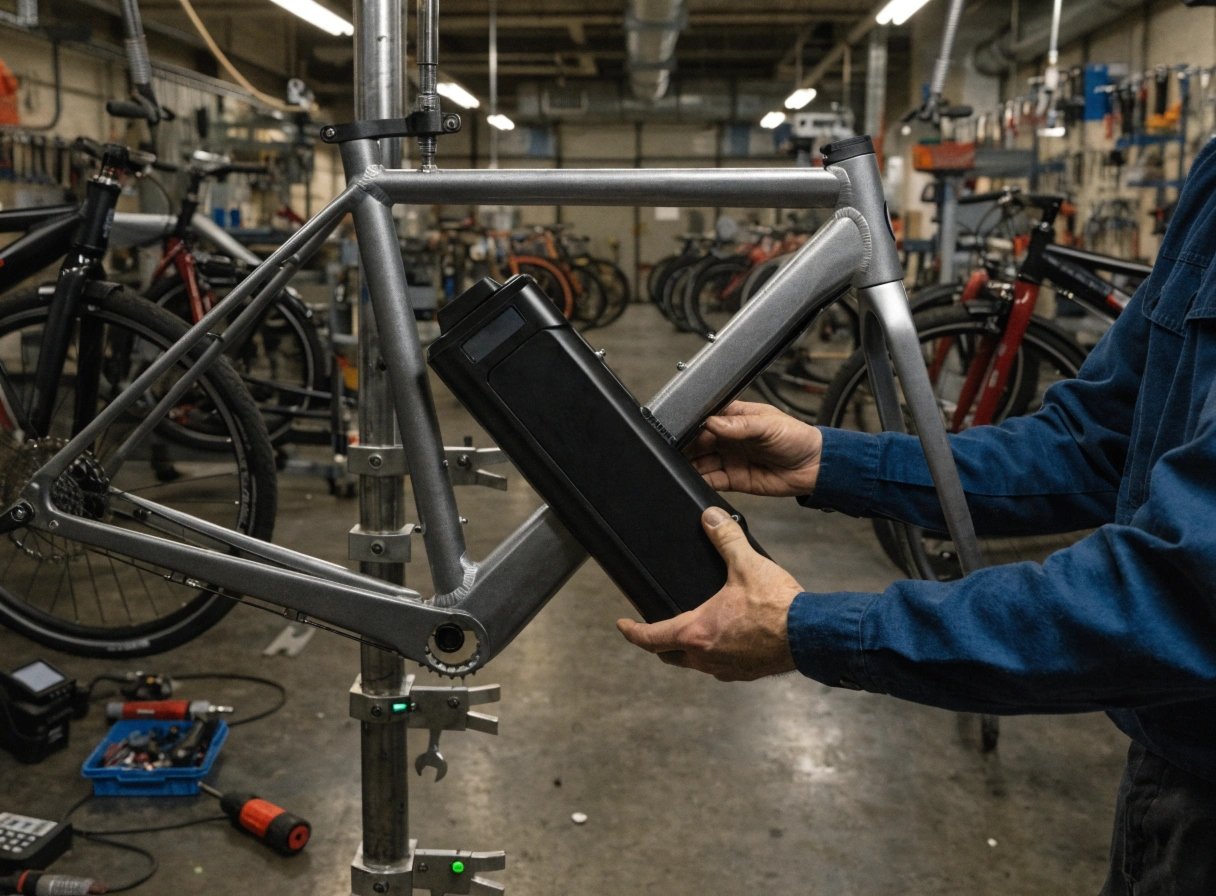 E-Bike Design and Manufacturing A modern e-bike with an integrated battery being assembled in a factory