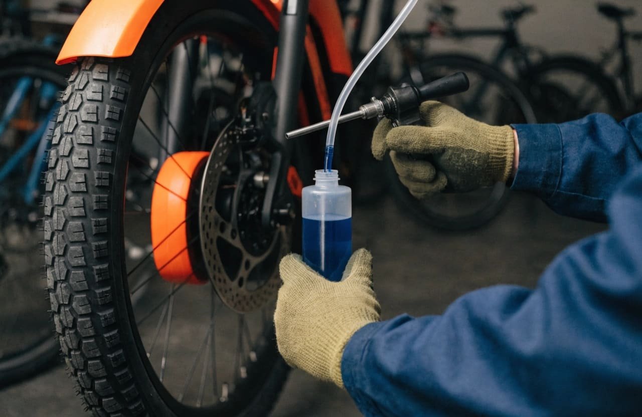 A close-up of a mechanic bleeding hydraulic disc brakes