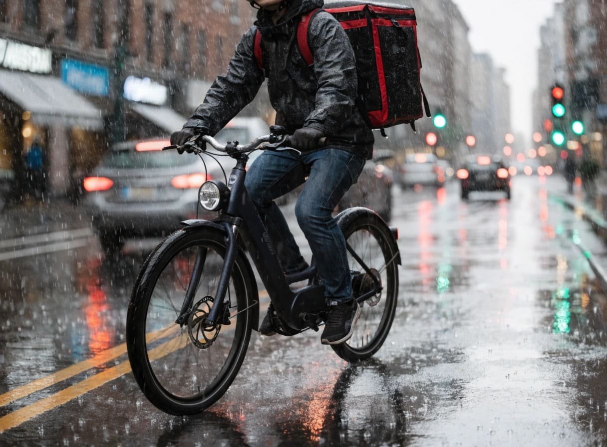 eBike delivery rider in a busy city