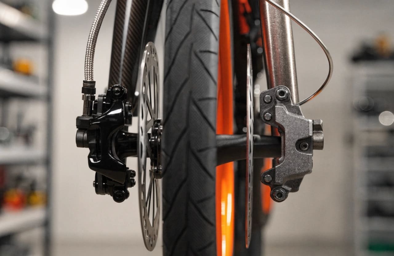A close-up of a hydraulic disc brake on an e-bike wheel