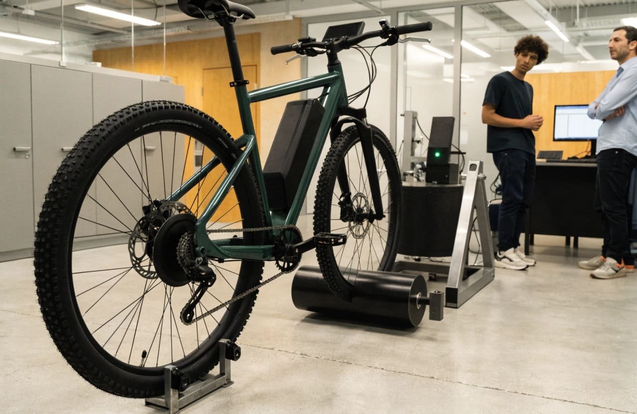 A laboratory setting with an e-bike on a dynamometer for testing