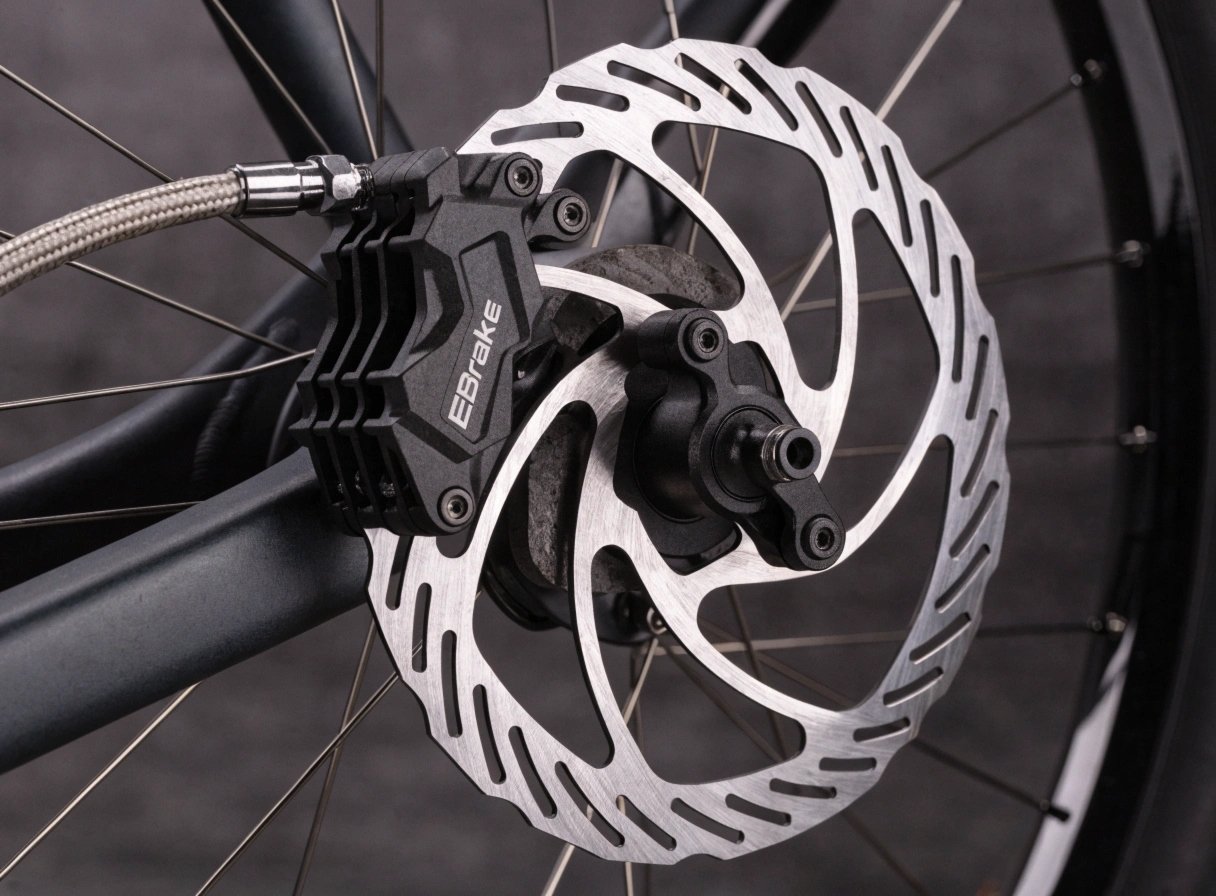 A close-up of a hydraulic eBike brake caliper and rotor