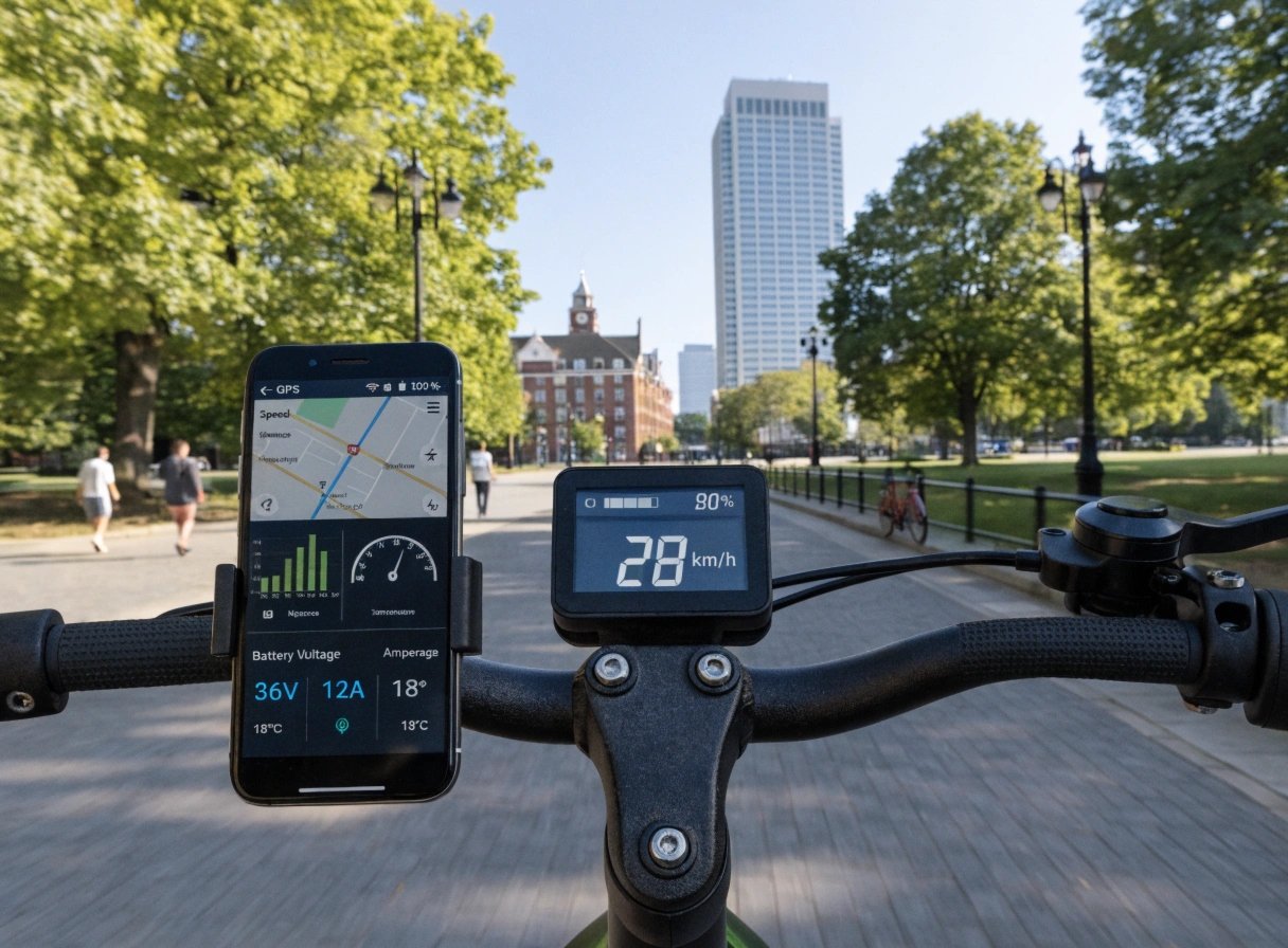 Smart E-Bike Features and App A close-up of an e-bike's handlebar display with a smartphone next to it showing an app