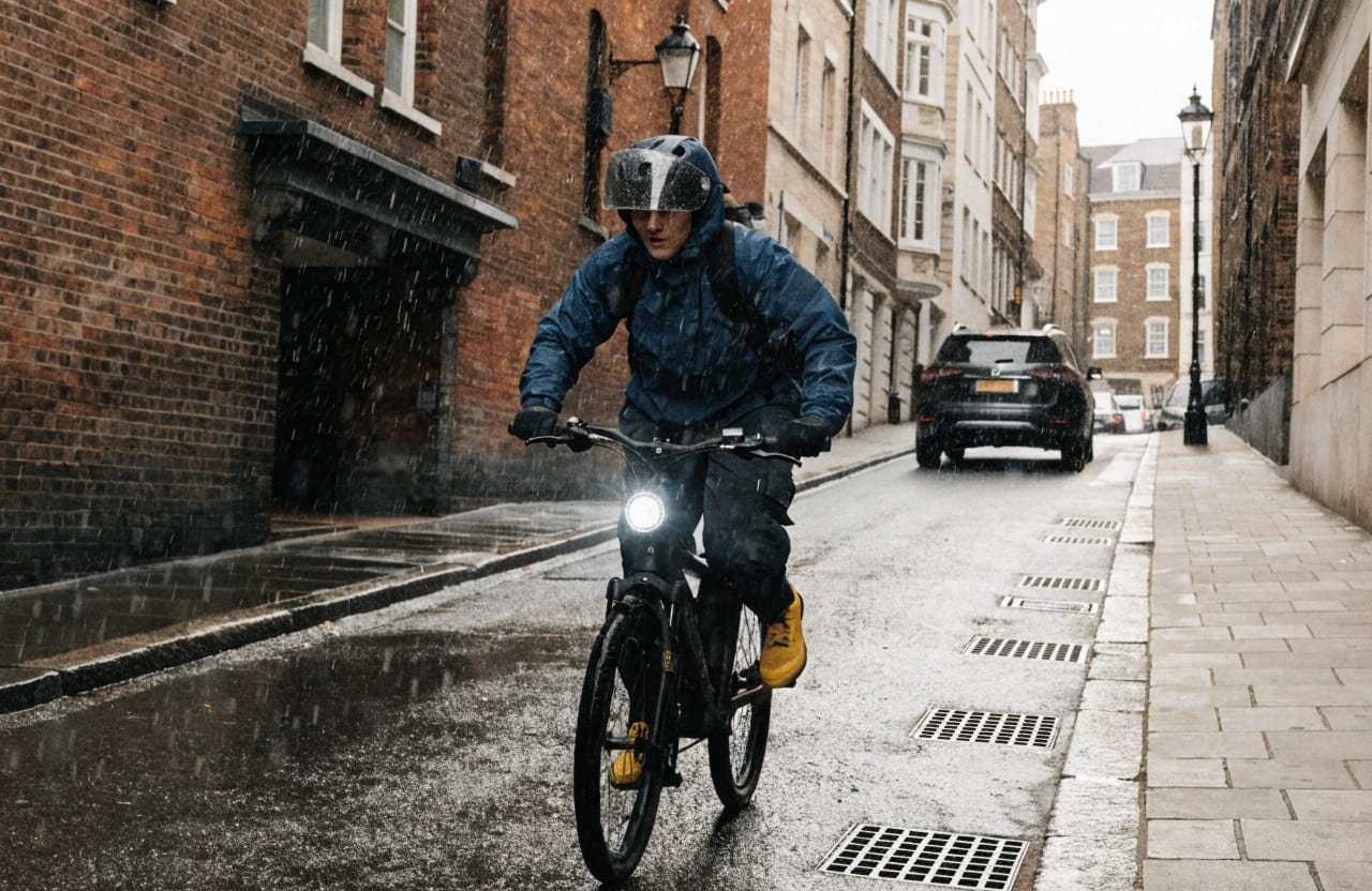 A person riding an e-bike up a steep hill in a city
