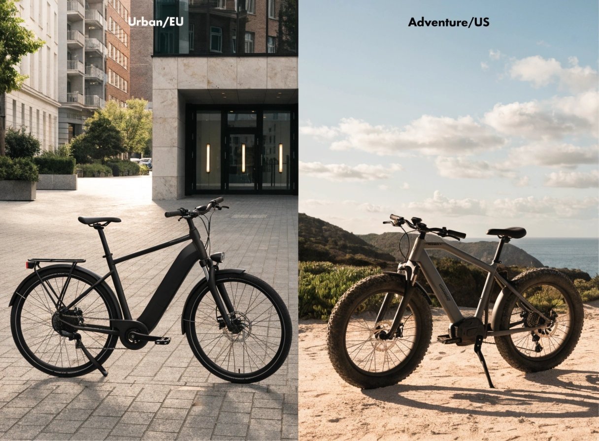 Regional E-Bike Market Differences A split image showing a European city bike on one side and an American fat-tire bike on the other