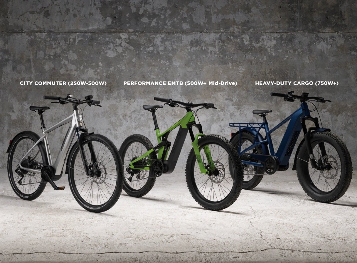 Three different types of eBikes side-by-side: a commuter, a mountain bike, and a cargo bike