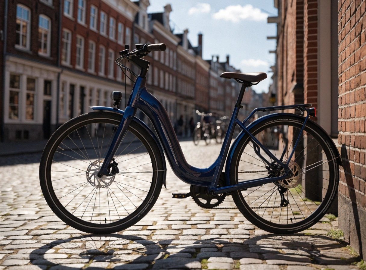Integrated Battery E-Bike Design A sleek city e-bike with an integrated battery parked on a cobblestone street