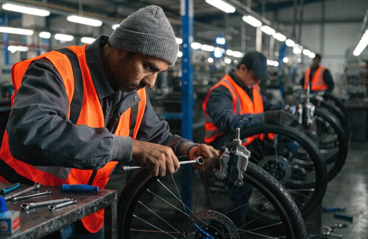 A factory assembly line with workers assembling e-bikes
