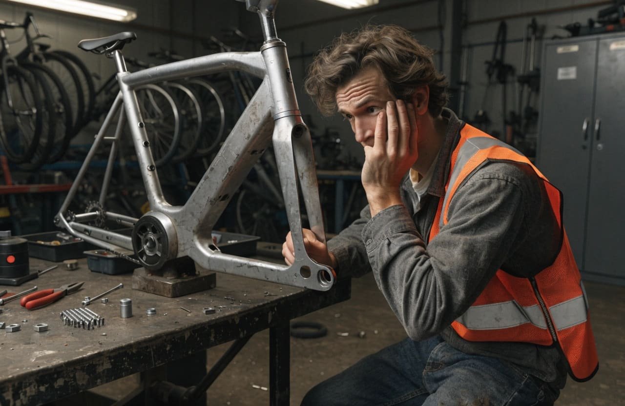 An engineer looking frustrated at an e-bike frame that is not compatible with a belt drive.