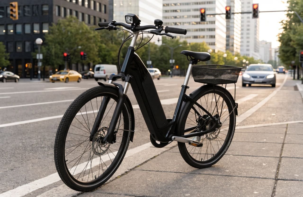 An e-bike with mechanical disc brakes parked in a city environment