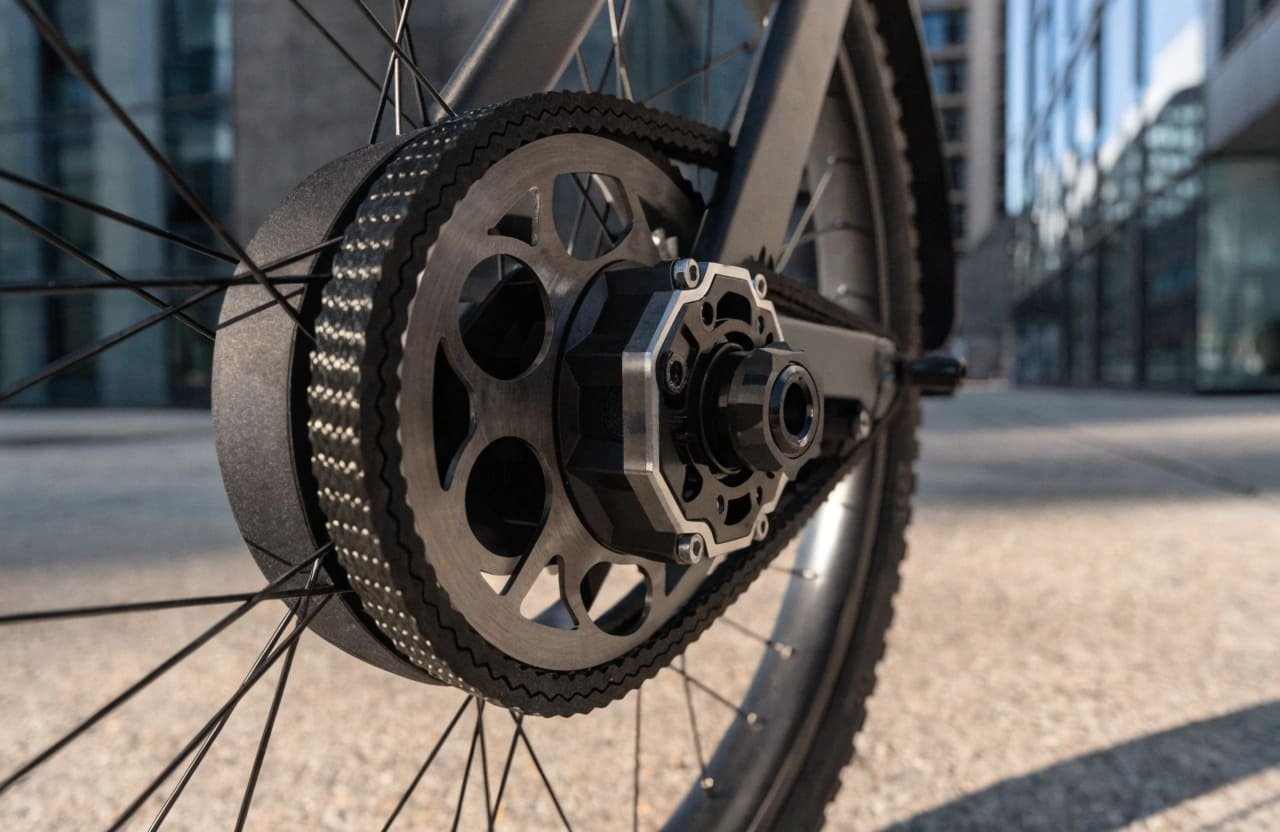 Close-up of a carbon belt drive on an e-bike's rear wheel.