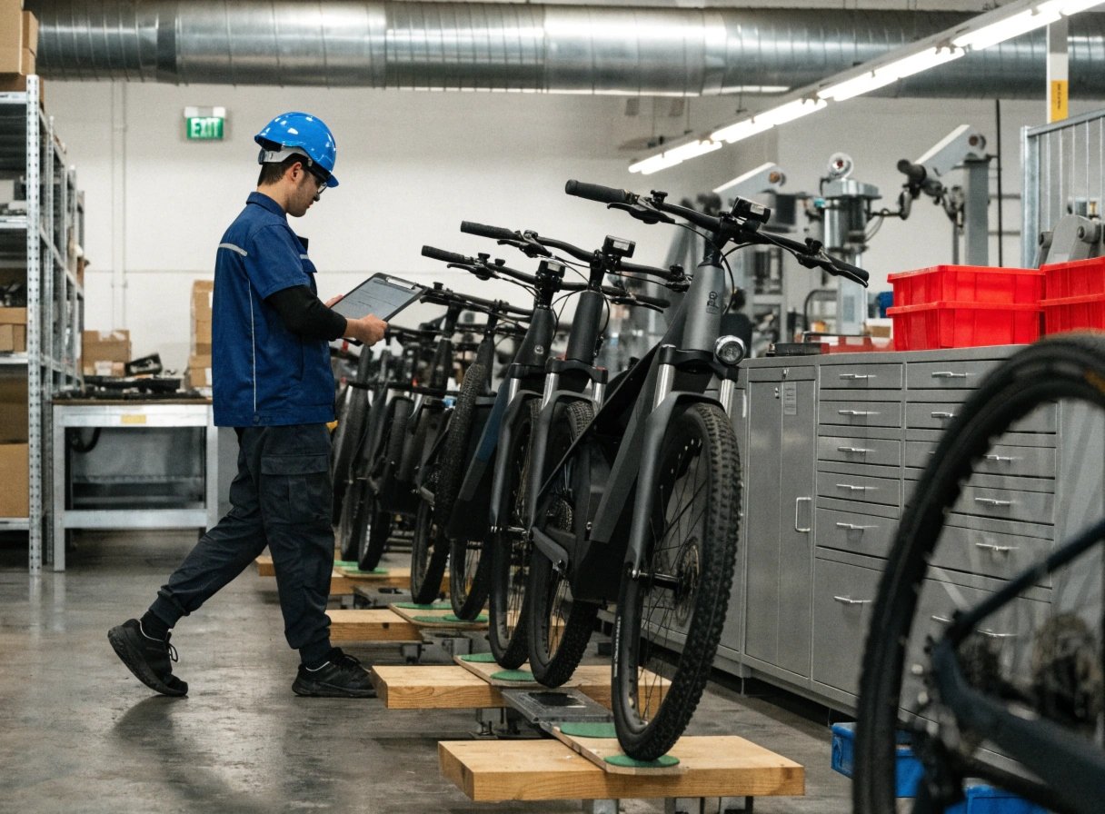 A quality control inspector checking an ebike on the factory line