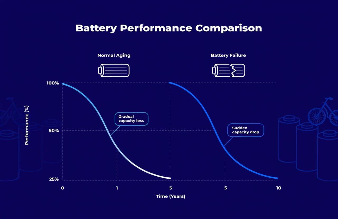A graph showing a gradual battery degradation curve versus a sharp drop-off indicating a defect.