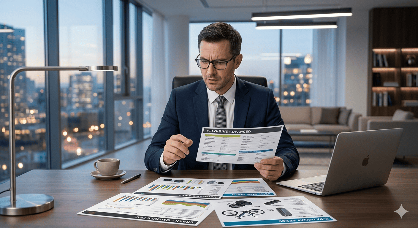 A person looking confused at multiple eBike specification sheets