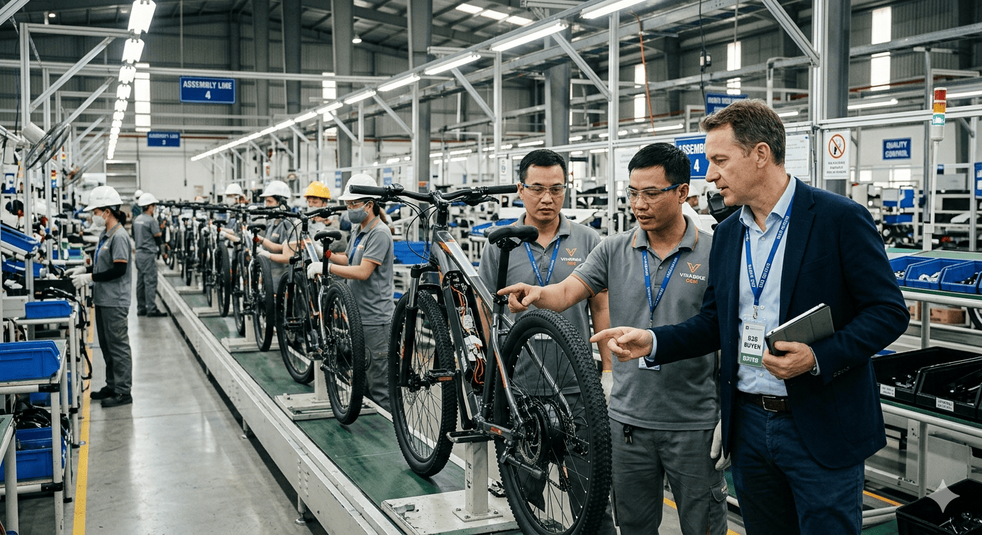 a person inspecting an ebike on a factory assembly line