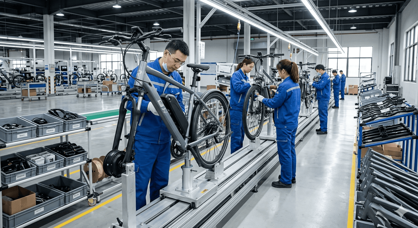 E-Bike OEM vs ODM Manufacturing An e-bike factory assembly line showing workers building bikes.