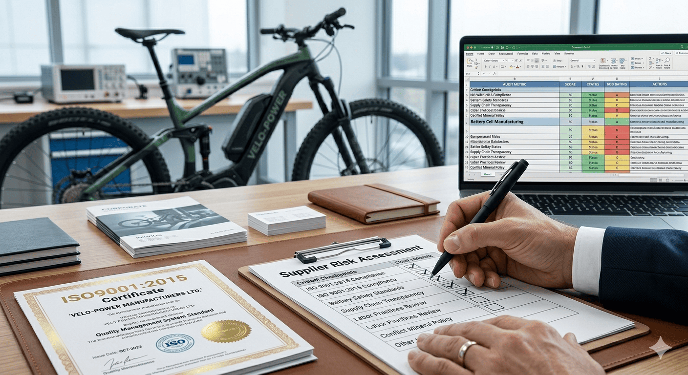 An eBike buyer reviewing supplier documents with a checklist