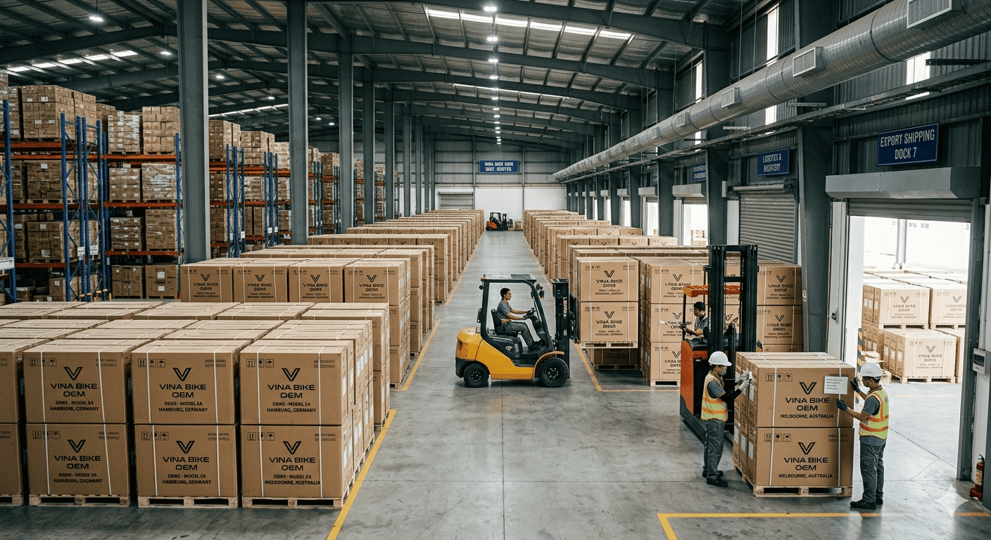 a warehouse full of ebike boxes ready for shipping