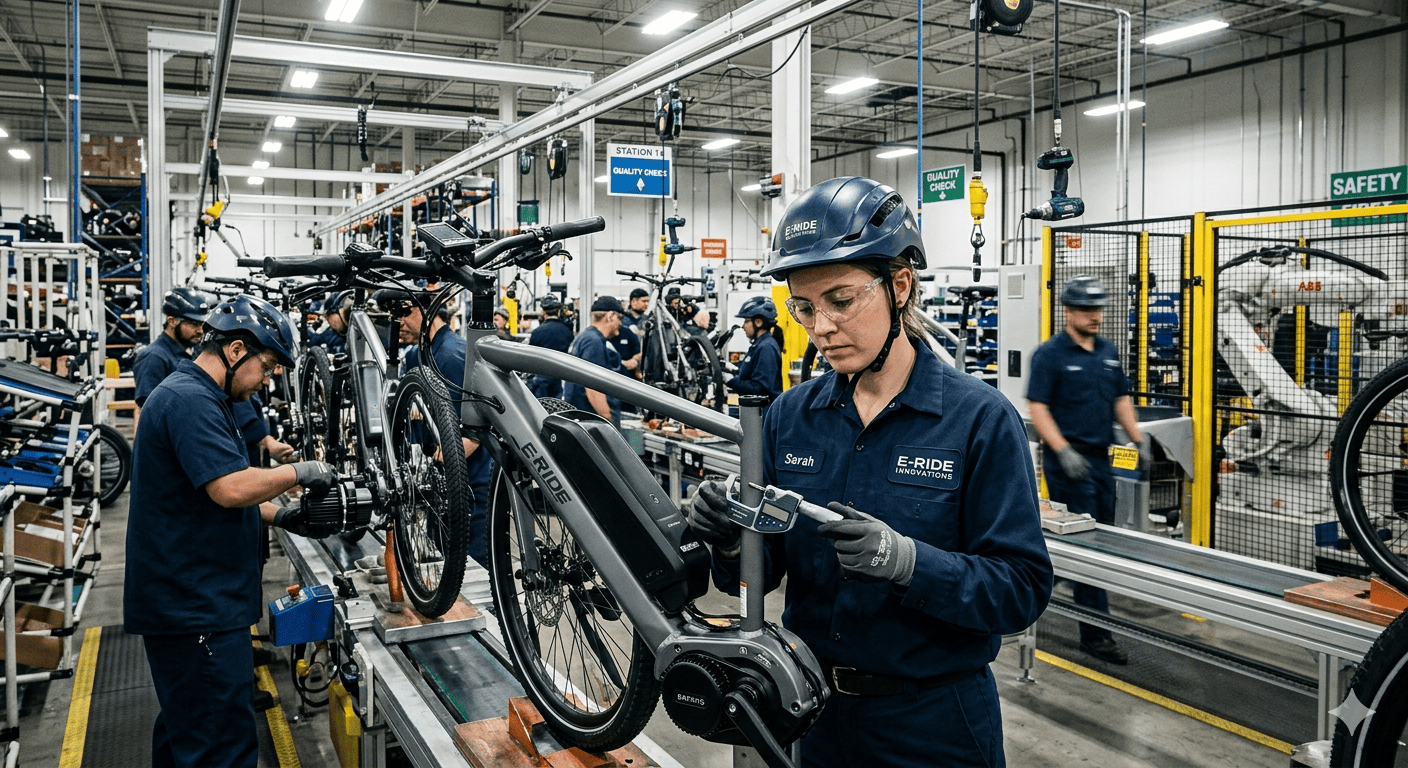 A technician inspecting an eBike on a production line