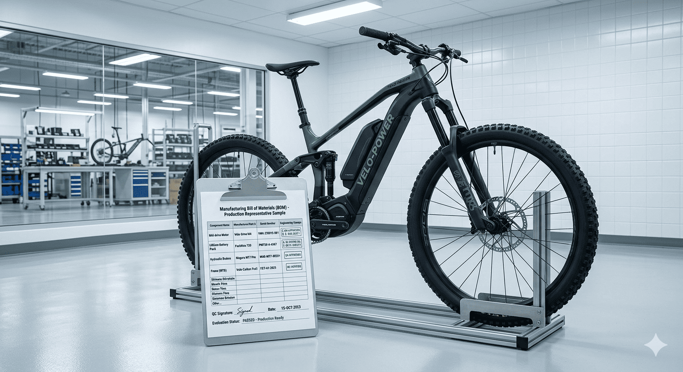 An eBike sample next to a clipboard with a bill of materials