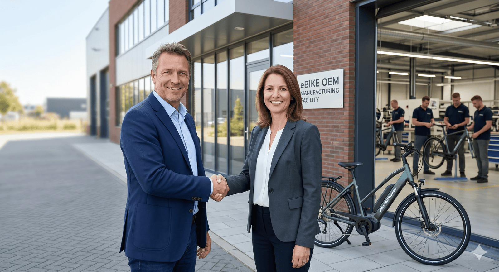 two business people shaking hands in front of an ebike factory