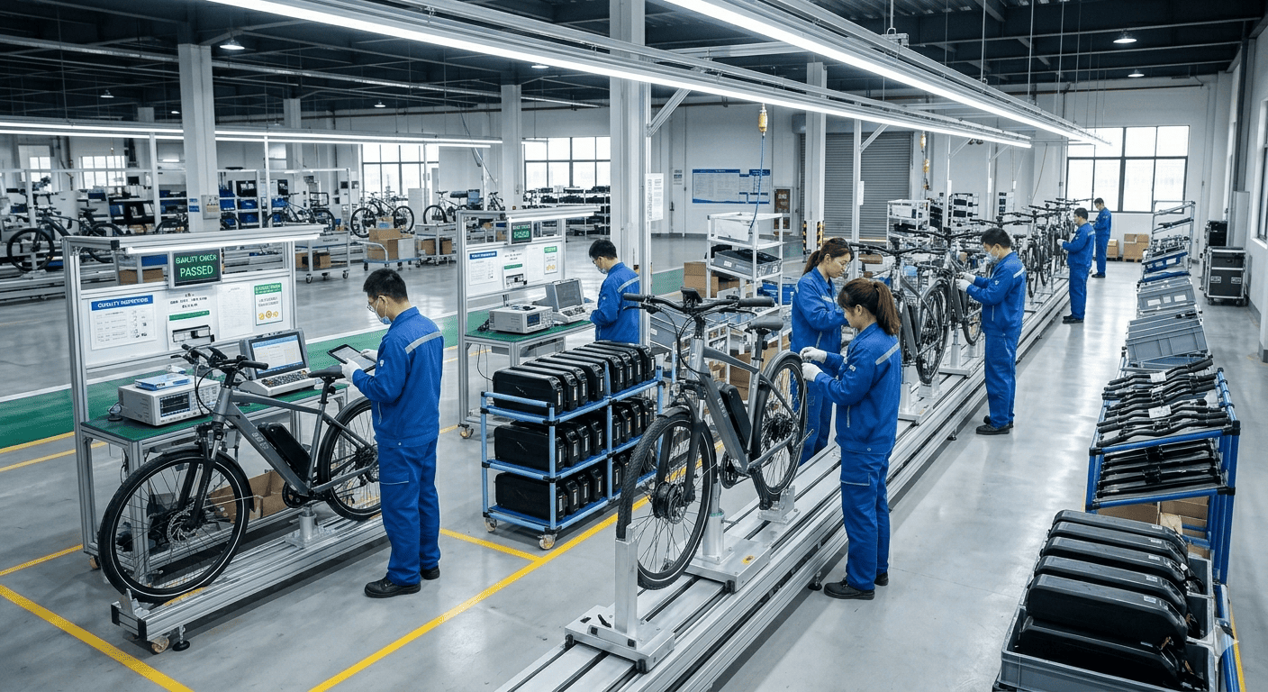 An assembly line of eBikes being manufactured