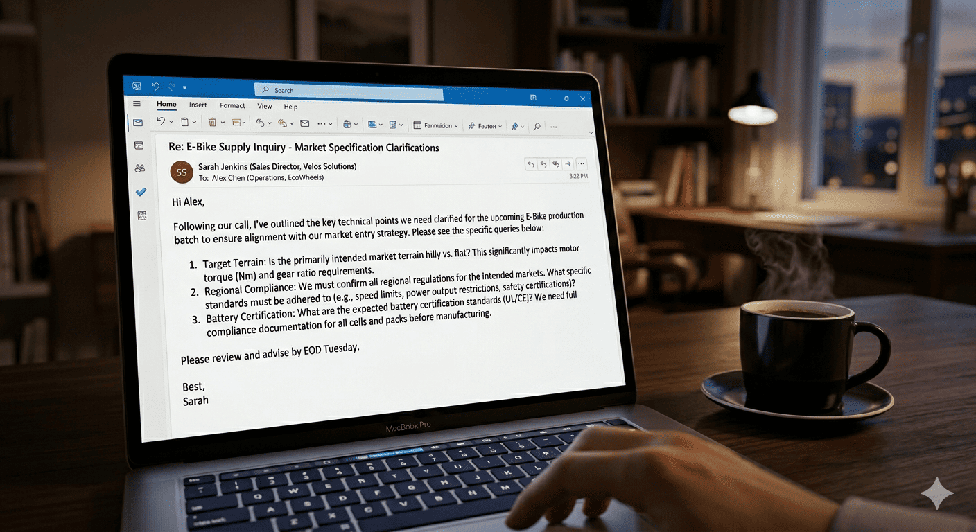A detailed email response from an eBike supplier on a laptop screen