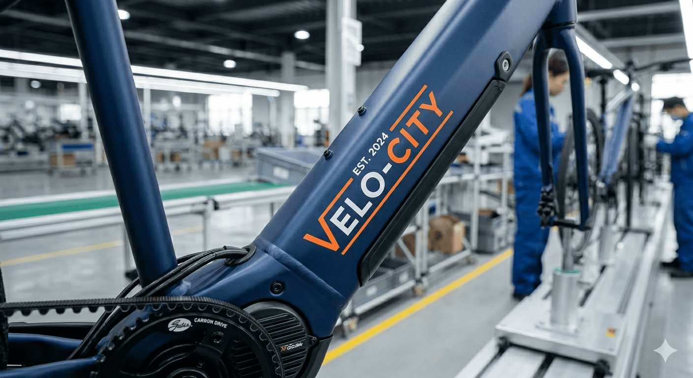 A close-up of an e-bike frame showing custom branding and color.