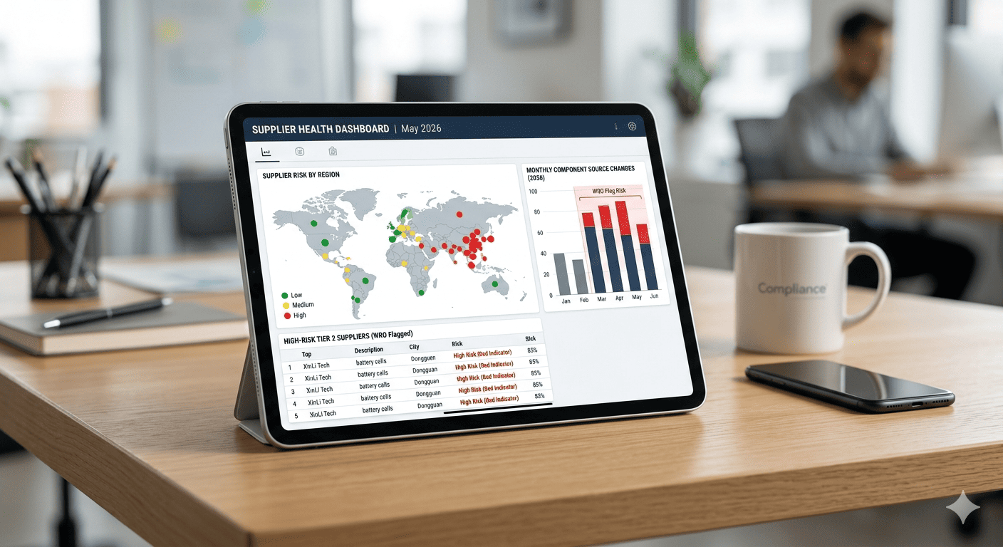 Supplier WRO Risk Monitoring alt text: A dashboard showing supplier risk metrics with green, yellow, and red indicators.