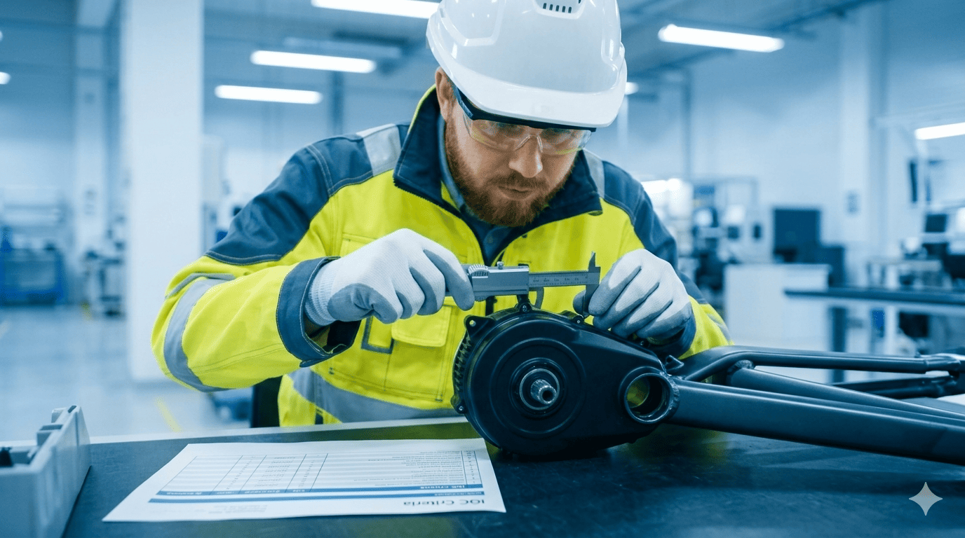 A quality inspector checking eBike components with a caliper