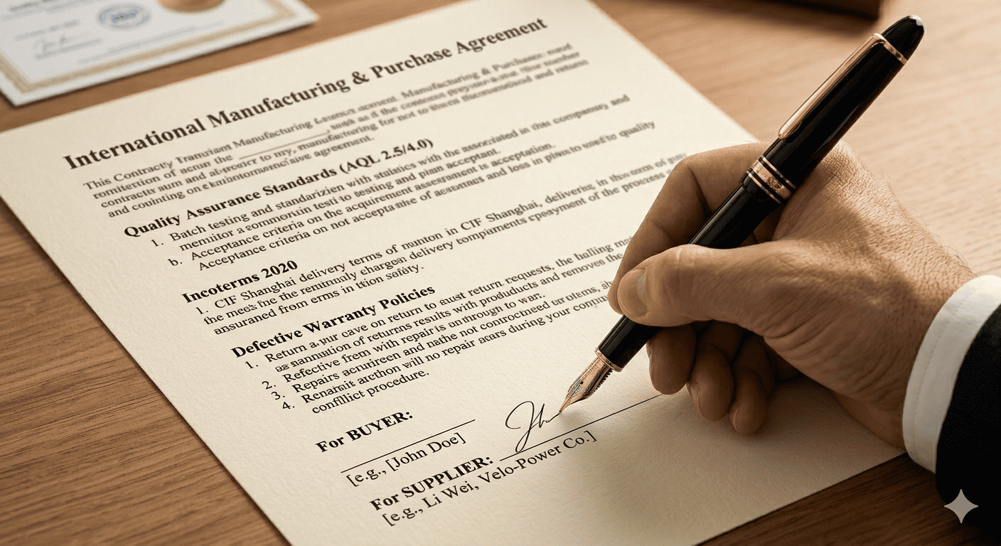A person signing a detailed manufacturing contract for eBikes
