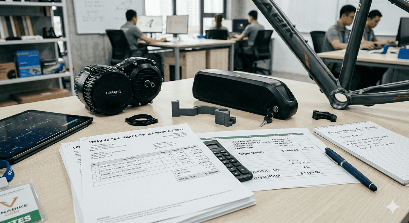 a calculator and an invoice next to ebike components