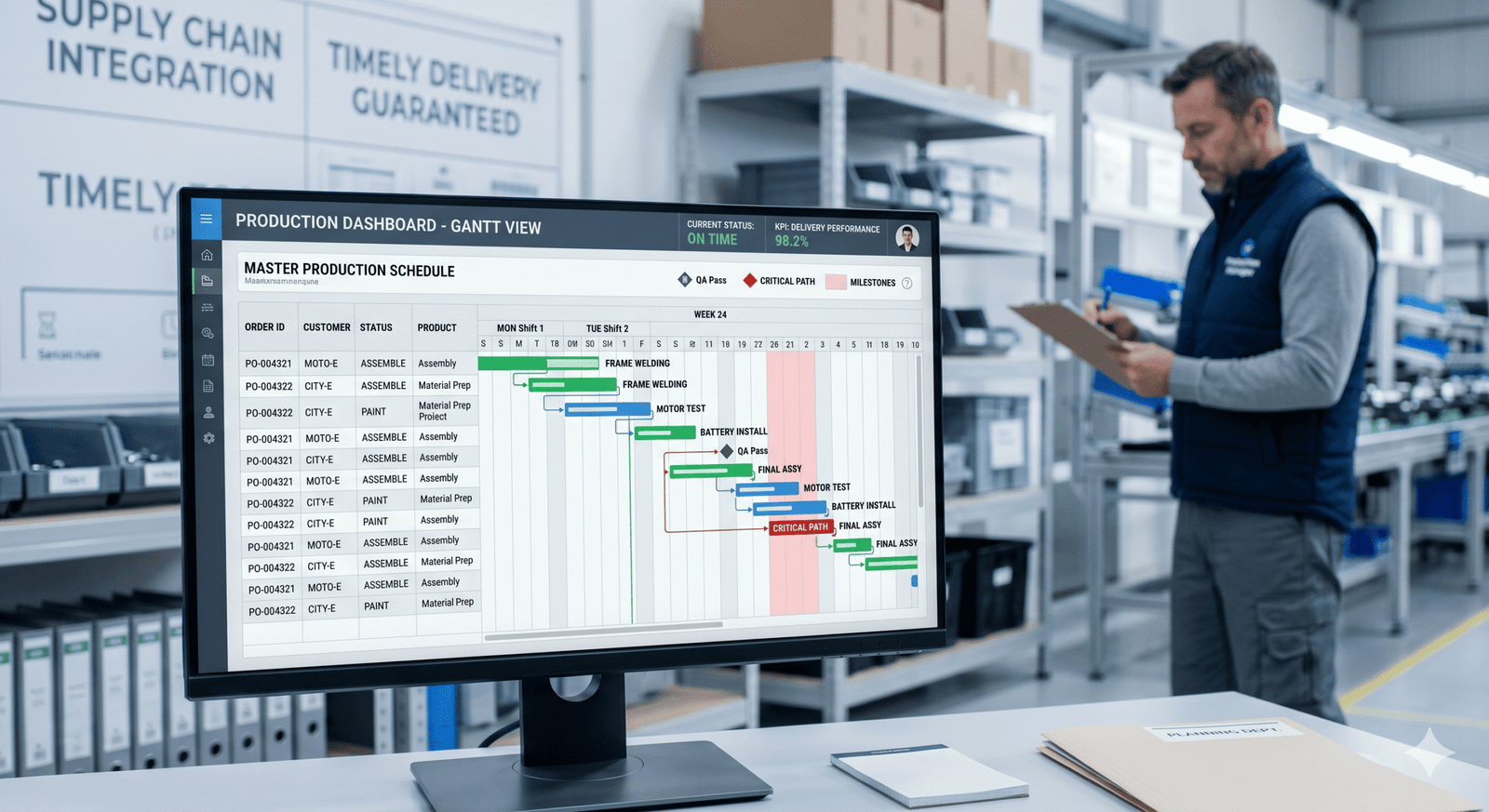 a gantt chart for production scheduling on a computer screen