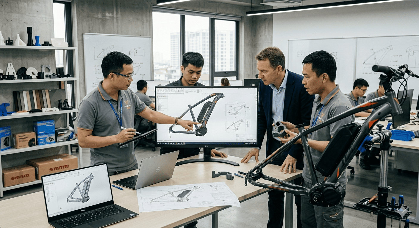 engineers discussing ebike blueprints