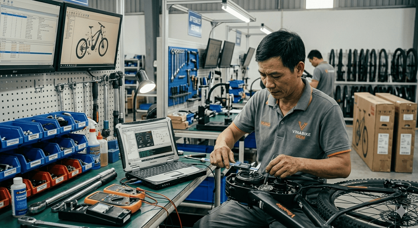 a quality control inspector checking an ebike frame with a checklist