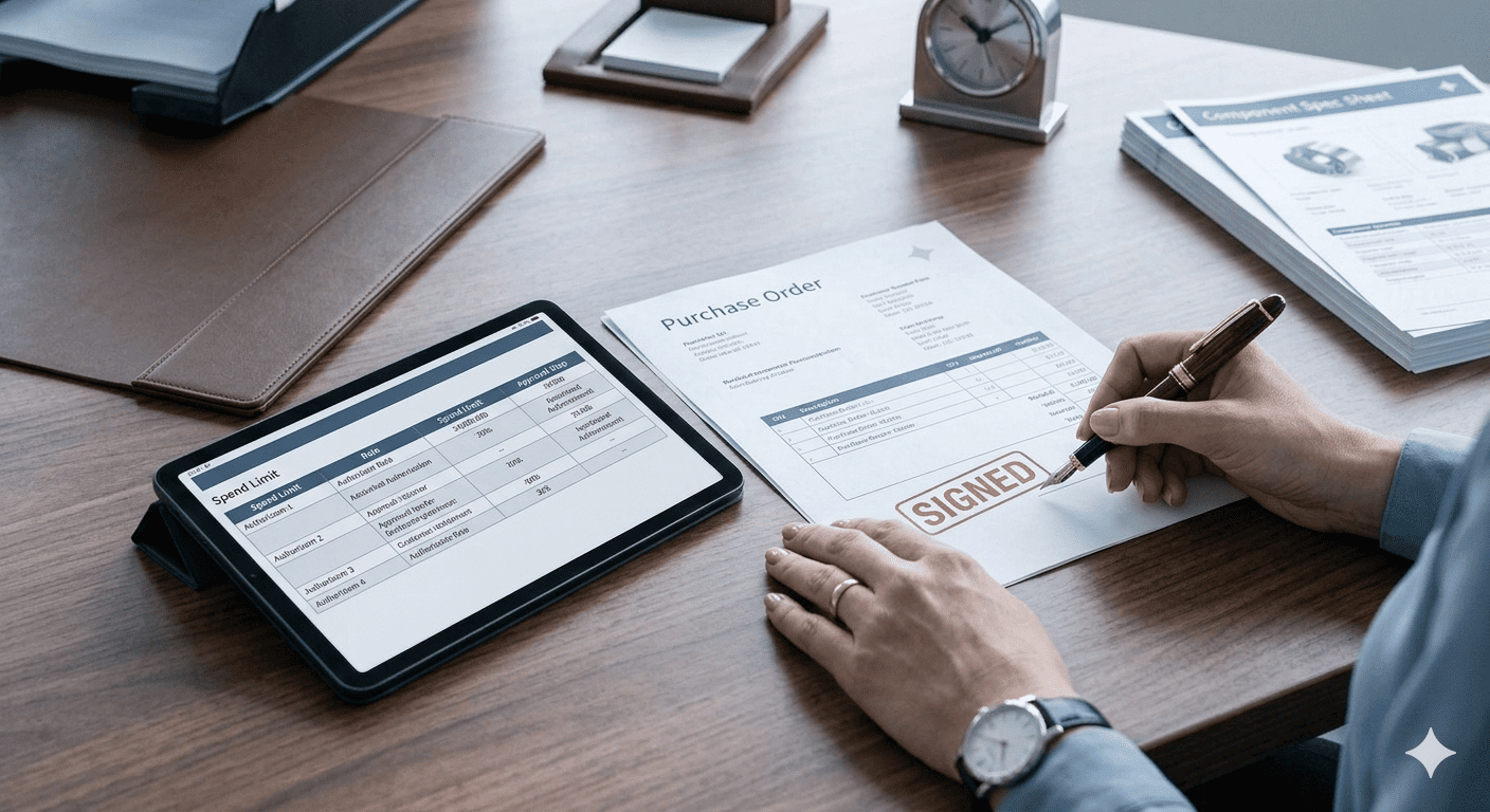 A manager signing a purchase order document