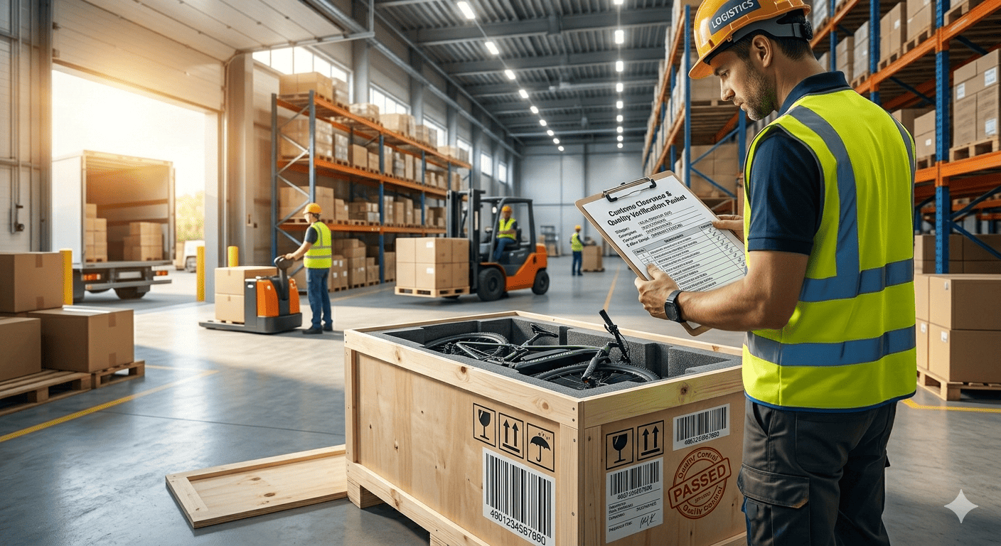 Warehouse worker inspecting a newly arrived crate of eBikes